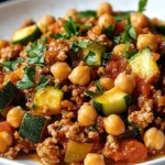 Savory turkey and zucchini chickpea skillet dish served in a pan