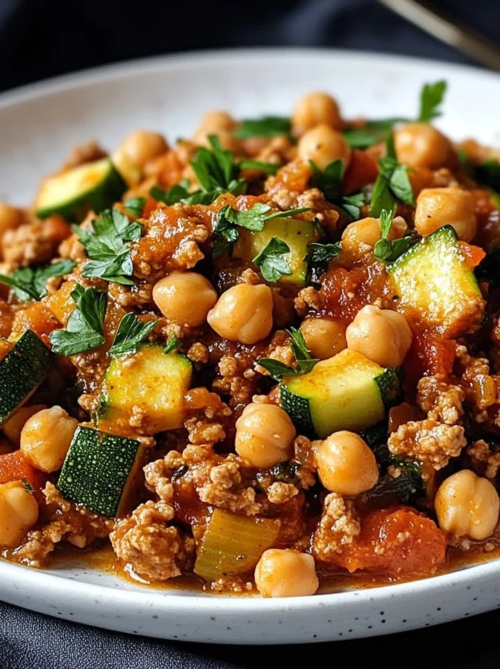 Savory turkey and zucchini chickpea skillet dish served in a pan