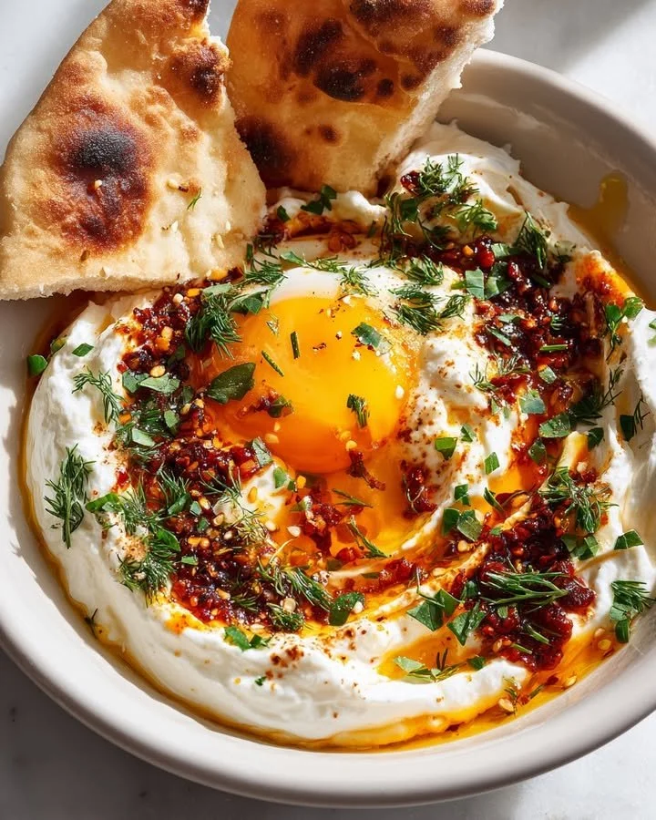 Savory yogurt bowl topped with a jammy egg and chili crisp.