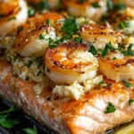Delicious Seafood-Stuffed Salmon garnished with herbs and lemon.