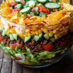 Seven-Layer Taco Salad Fiesta Bowl with vibrant ingredients and toppings