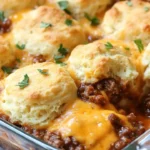 Sloppy Joe Biscuit Casserole ready to serve, featuring layers of savory beef and flaky biscuits.
