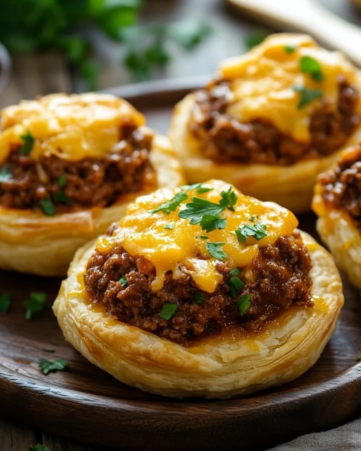 Delicious Sloppy Joe Puff Pastry Nests filled with seasoned meat and topped with cheese.