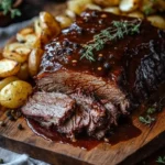 Slow cooker beef brisket with BBQ sauce served on a plate