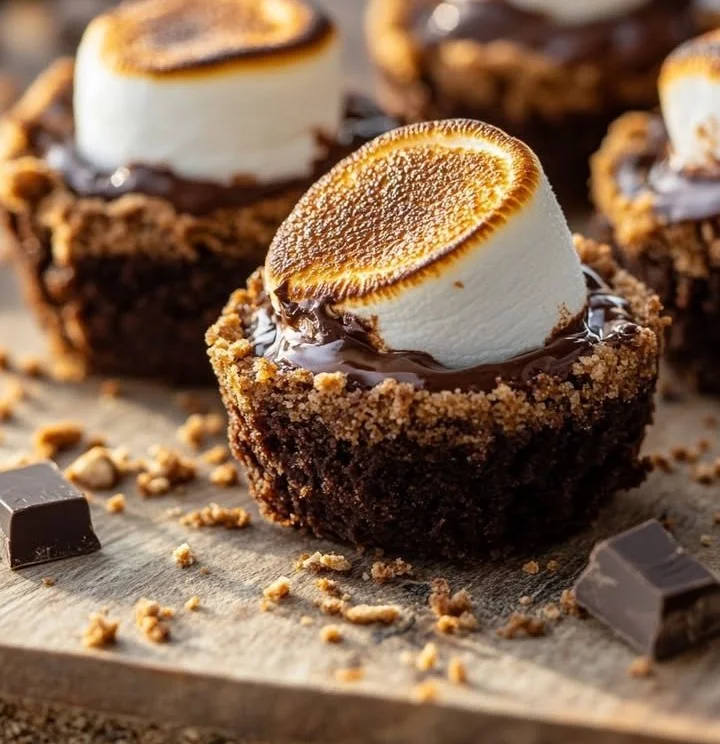 S'mores Brownie Cups with marshmallows and graham cracker topping