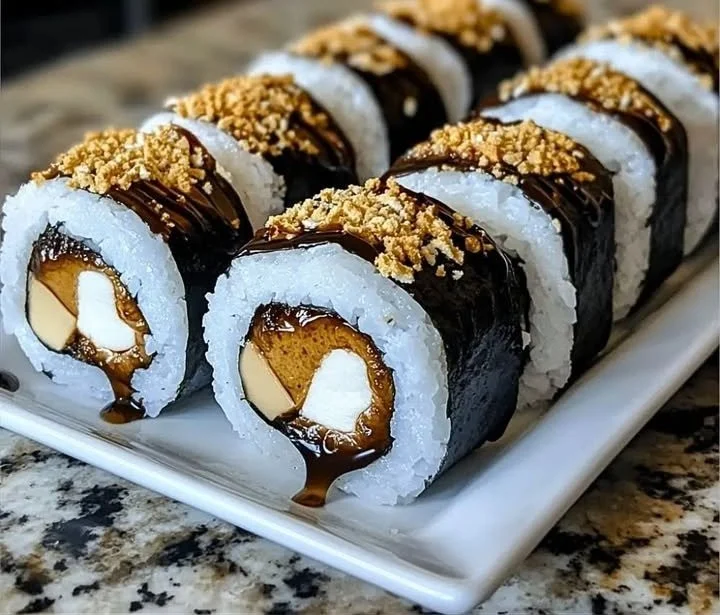 Delicious S'mores Sushi with marshmallows, chocolate, and rice