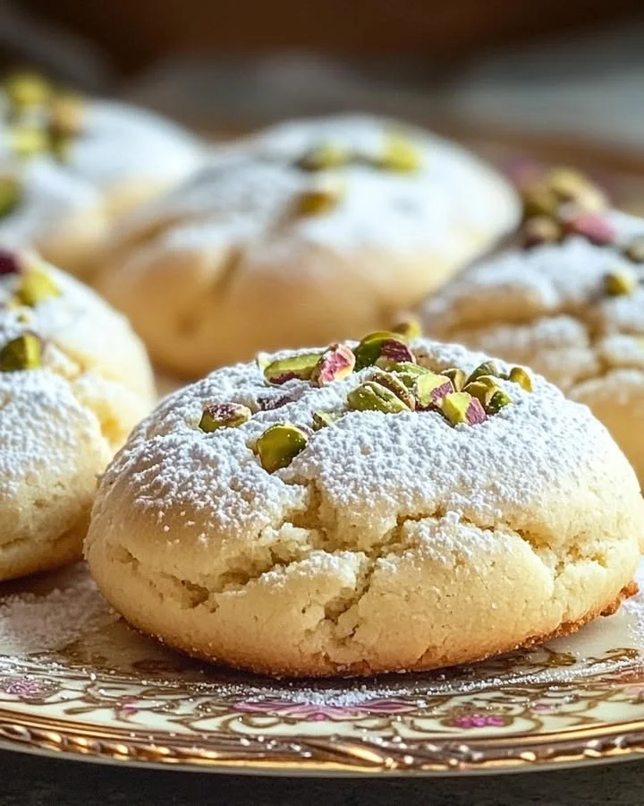 Soft ricotta pistachio pillow cookies on a rustic wooden table