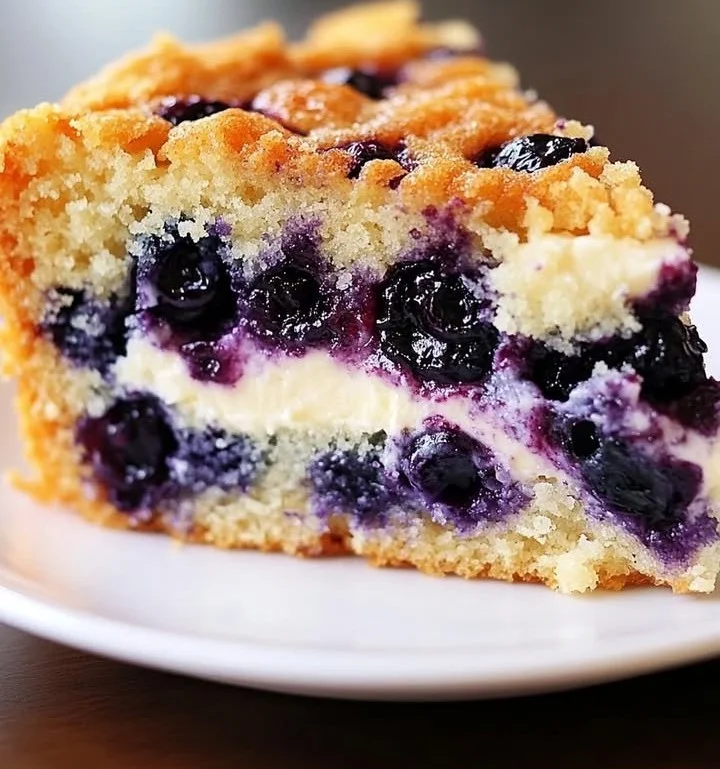 Sour cream blueberry coffee cake topped with fresh blueberries and a crumbly topping.