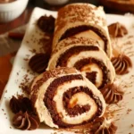 Spiced apple caramel cream cake roll with a rich caramel drizzle