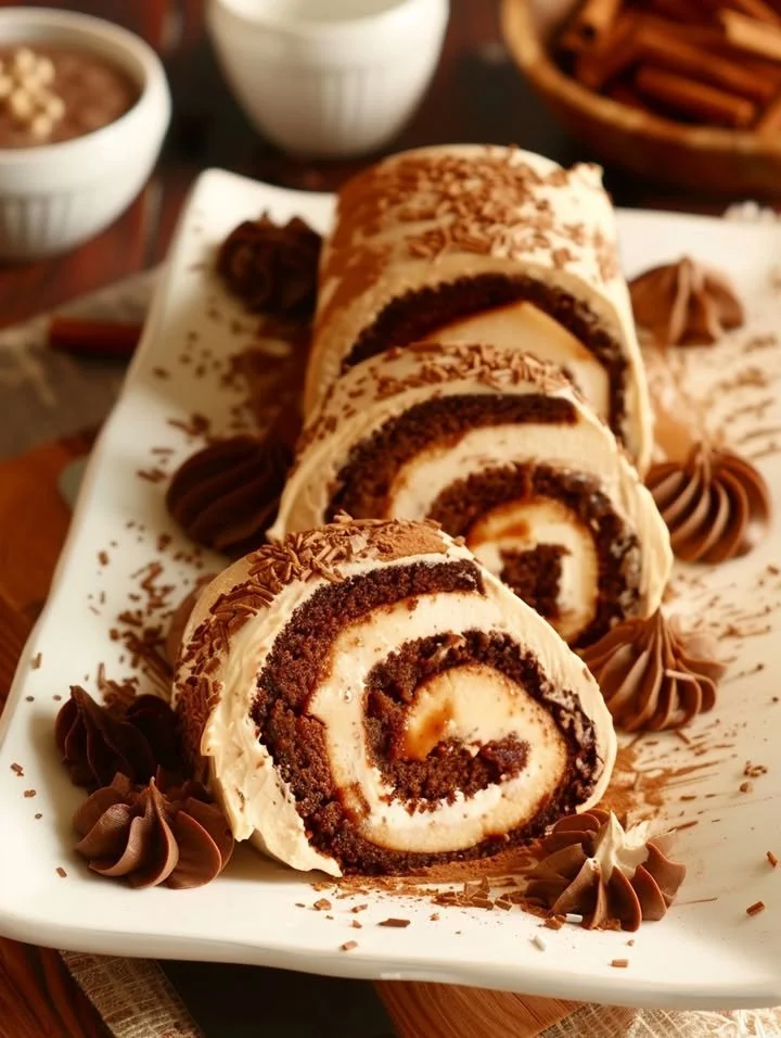 Spiced apple caramel cream cake roll with a rich caramel drizzle