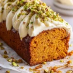 Spiced sweet potato loaf with cream cheese and pistachio topping on a plate
