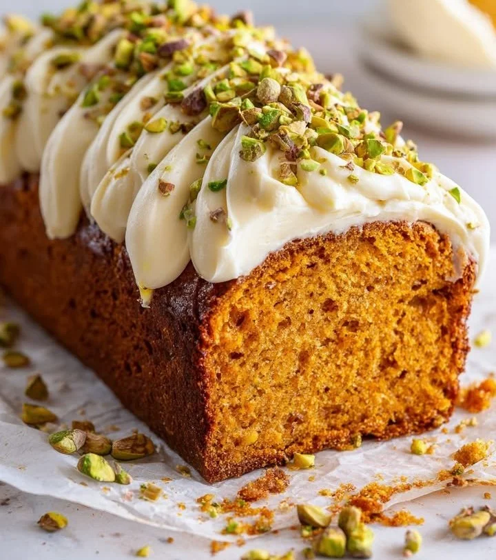 Spiced sweet potato loaf with cream cheese and pistachio topping on a plate