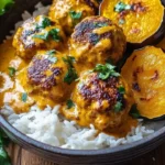 Spicy chicken meatballs served with acorn squash and coconut sauce on a plate.