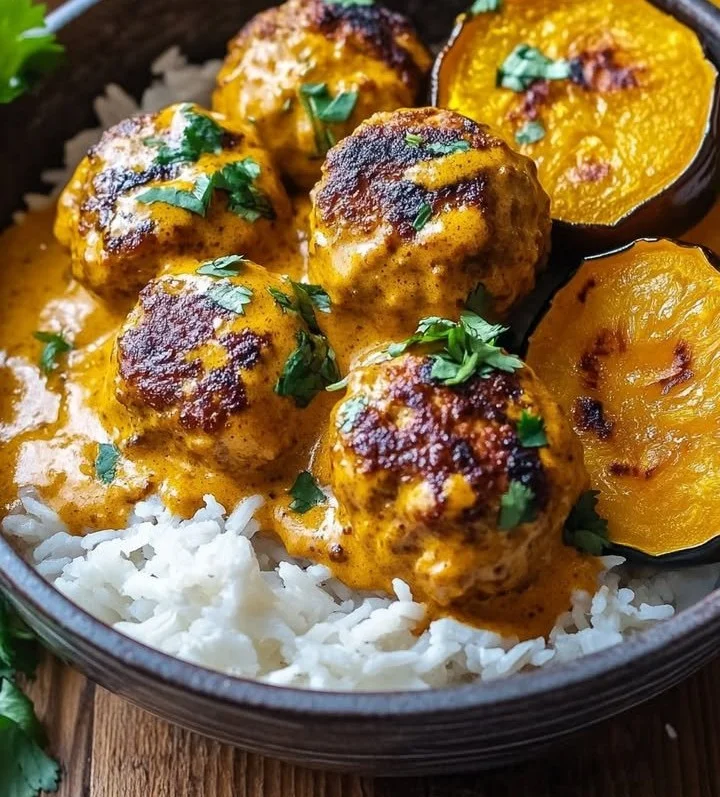 Spicy chicken meatballs served with acorn squash and coconut sauce on a plate.