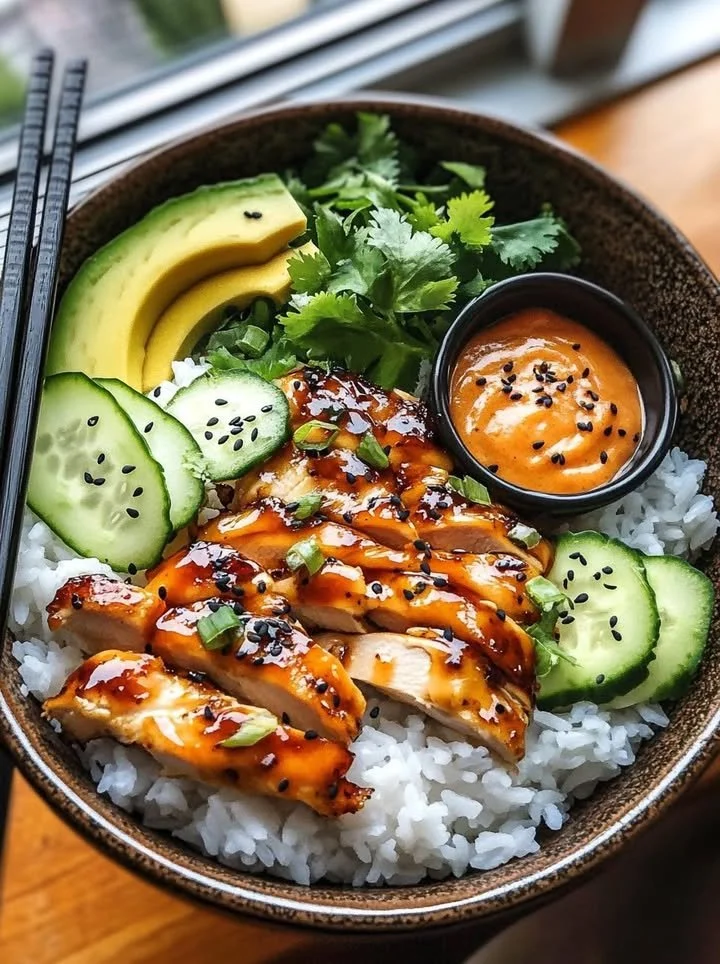 Spicy honey-ginger chicken bowl garnished with yum yum sauce and fresh vegetables