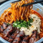 Delicious spicy Korean ramen with grilled beef and creamy sauce