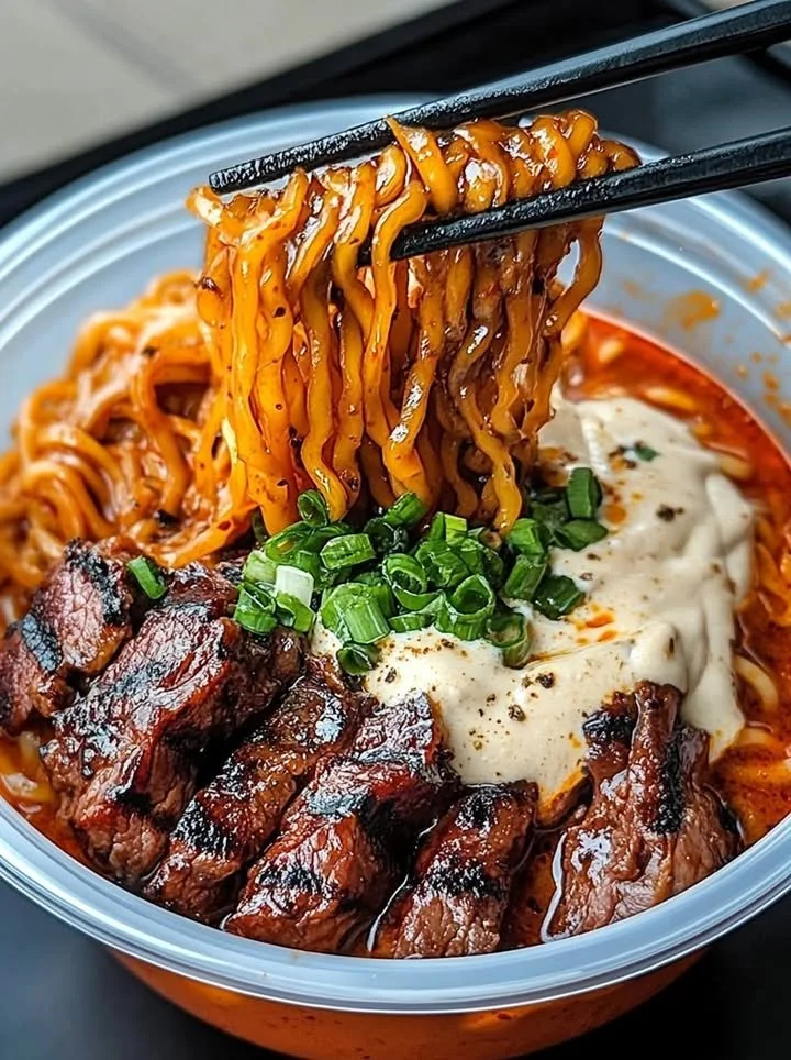 Delicious spicy Korean ramen with grilled beef and creamy sauce