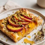 Spicy peach galette with pistachio crunch, a delicious dessert pie.