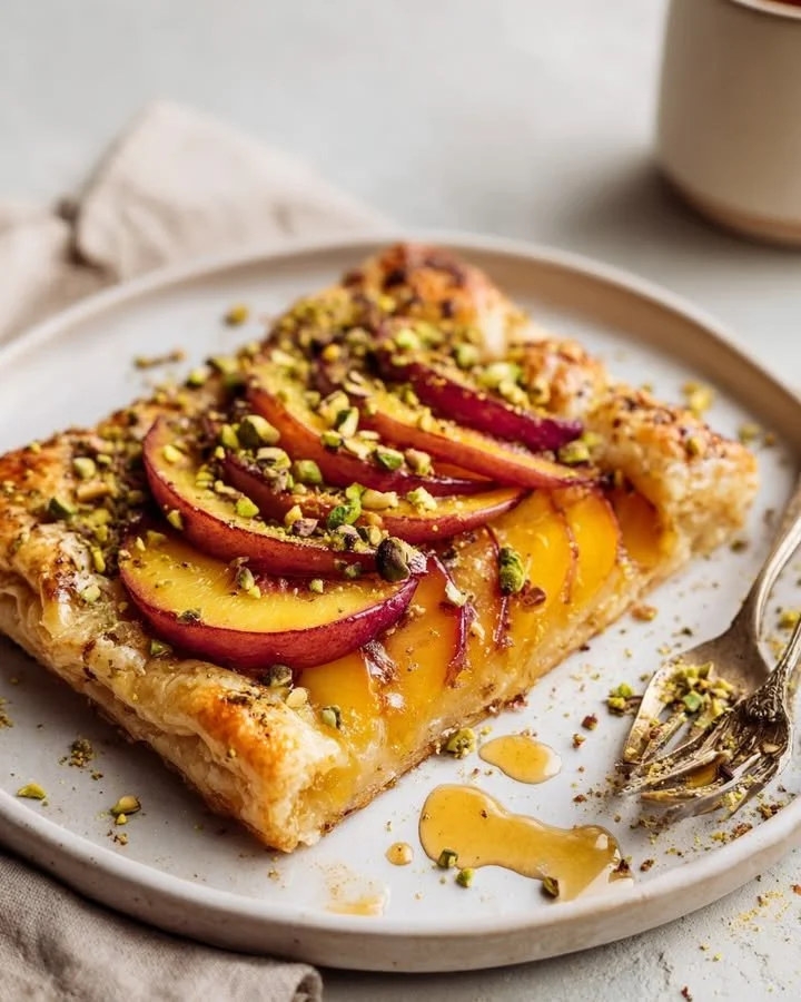 Spicy peach galette with pistachio crunch, a delicious dessert pie.