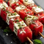Spicy watermelon feta skewers with mint-chili syrup on a wooden platter