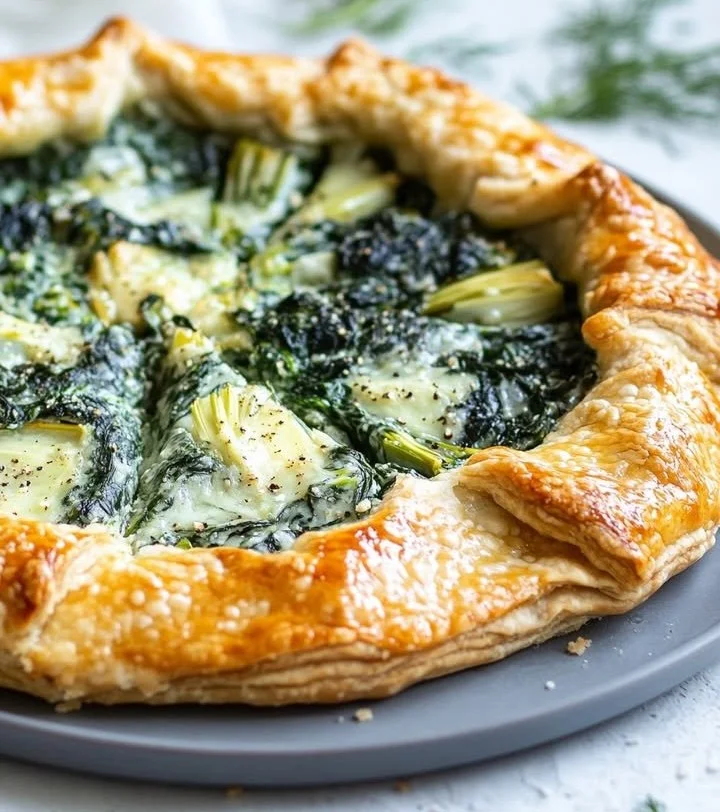 Savory Spinach Artichoke Dip Galette served on a wooden platter