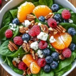 Colorful salad with spinach, blueberries, raspberries, mandarin oranges, pecans, and feta cheese