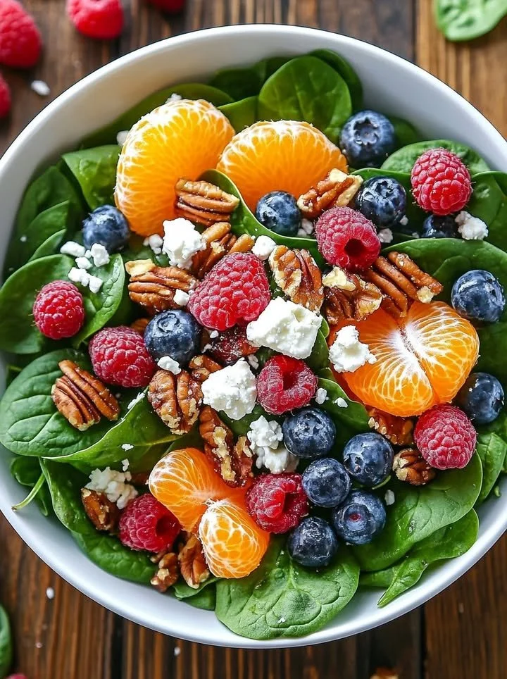 Colorful salad with spinach, blueberries, raspberries, mandarin oranges, pecans, and feta cheese