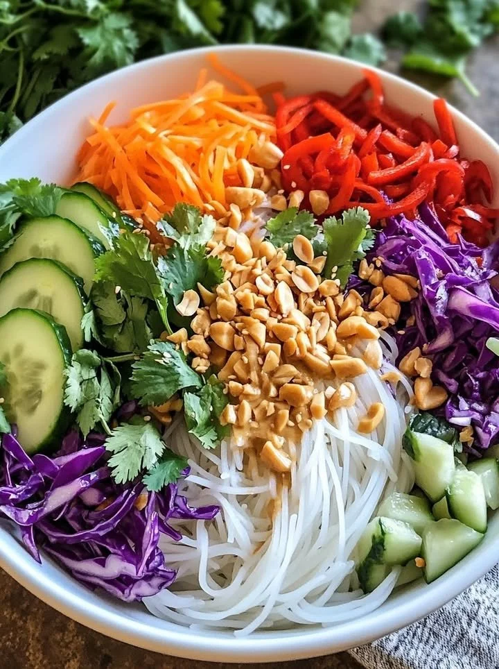 Fresh Spring Roll Salad with Spicy Ginger Dressing served in a bowl