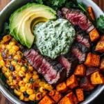 Delicious Steak Bowl with avocado, roasted corn, and cilantro cream sauce