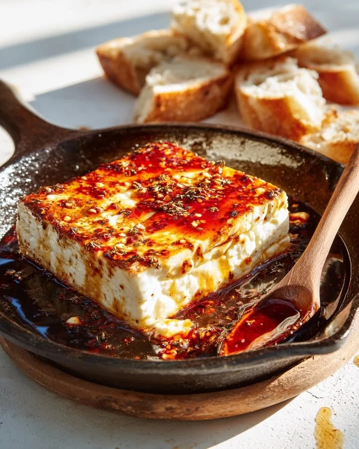 Delicious Sticky-Spicy Feta Skillet with Honey Chili Glaze in a pan