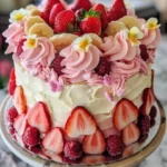 Strawberry and Banana Fairy Tale Cake topped with fresh fruit and cream