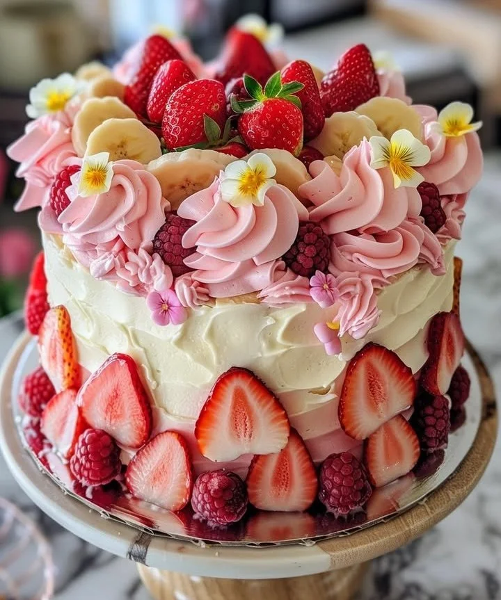 Strawberry and Banana Fairy Tale Cake topped with fresh fruit and cream