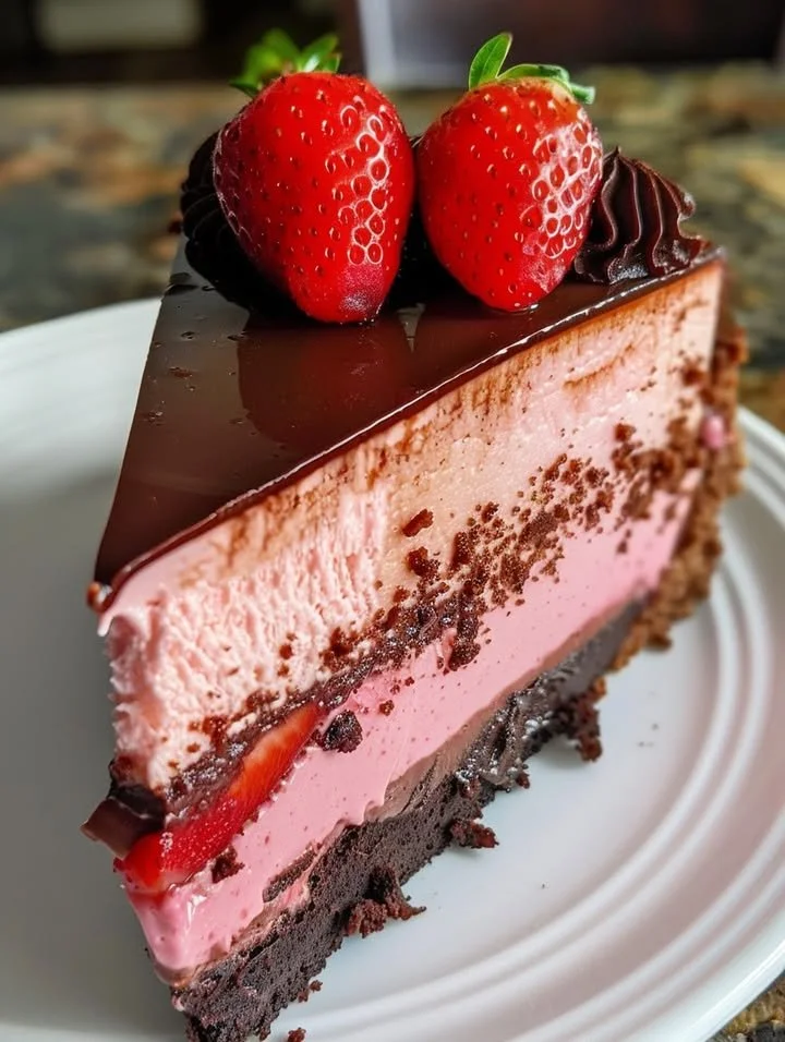 Delicious Strawberry Chocolate Cheesecake with chocolate ganache and fresh strawberries