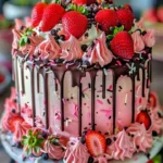 Delicious homemade strawberry drip cake with fresh strawberries and chocolate drizzle