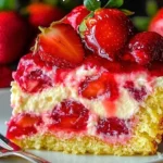 Delicious strawberry earthquake cake with fresh strawberries and cream topping