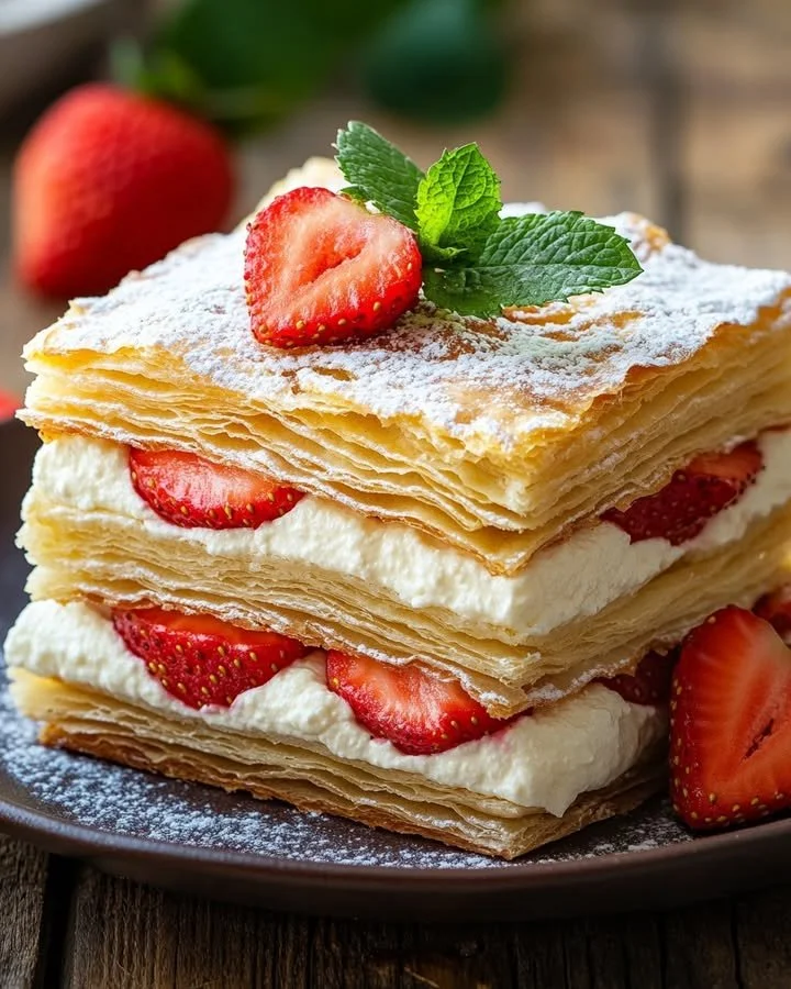 Strawberry Mascarpone Napoleon dessert with layers of strawberries and cream