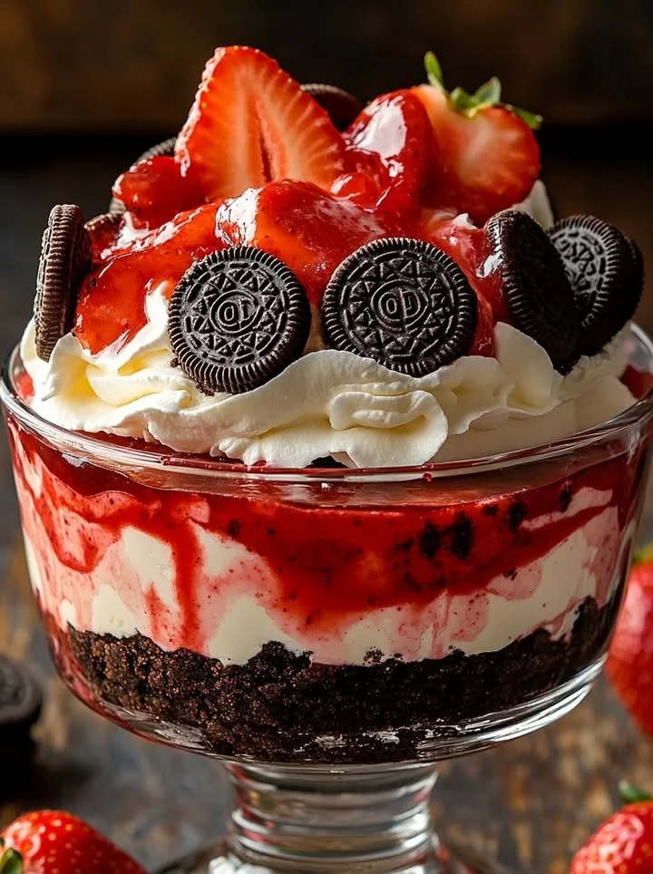 Strawberry Oreo Cheesecake Cup with fresh strawberries and Oreo crust