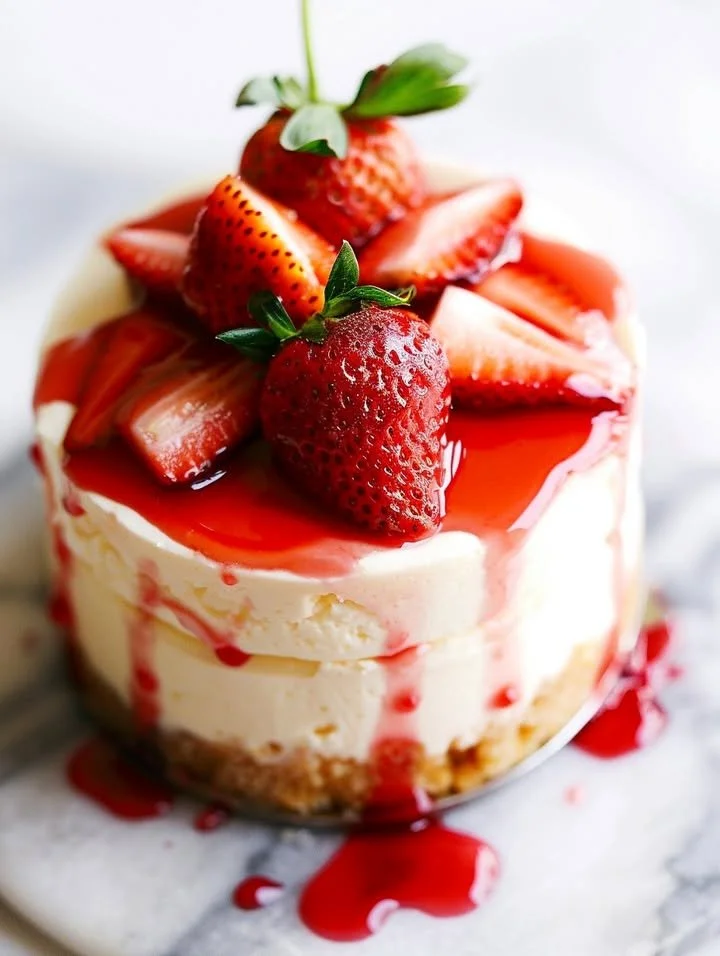 Delicious Strawberry Shortcake Cheesecake topped with fresh strawberries
