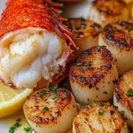 Garlic butter lobster and scallops garnished with fresh herbs