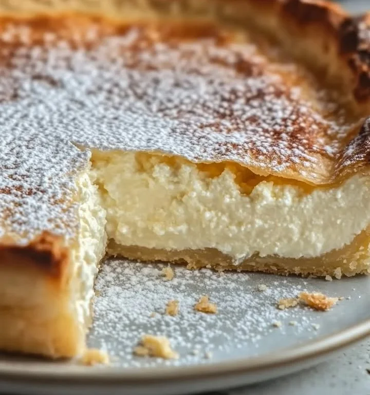 Delicious sweet and creamy Italian ricotta pie on a dessert plate.