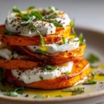 Sweet Potato & Burrata Stacks garnished and presented on a plate