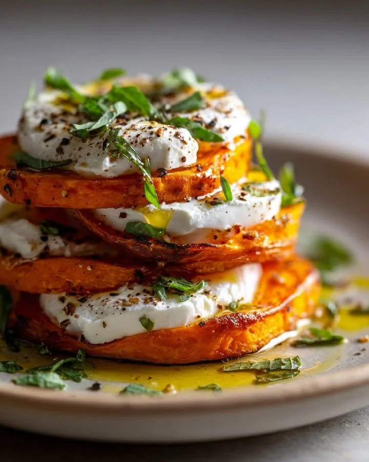 Sweet Potato & Burrata Stacks garnished and presented on a plate