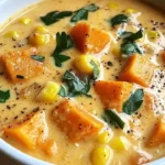 Bowl of creamy sweet potato chowder garnished with herbs and spices