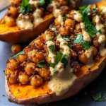 Sweet potatoes topped with tahini butter and chickpeas in a vibrant dish.