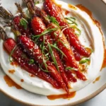 Swicy gochujang and honey glazed carrots served on savory yogurt