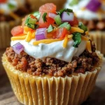 Delicious taco cupcakes topped with cheese and salsa in colorful cupcake liners