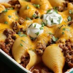 Baked Taco Stuffed Shells topped with cheese and fresh herbs on a plate