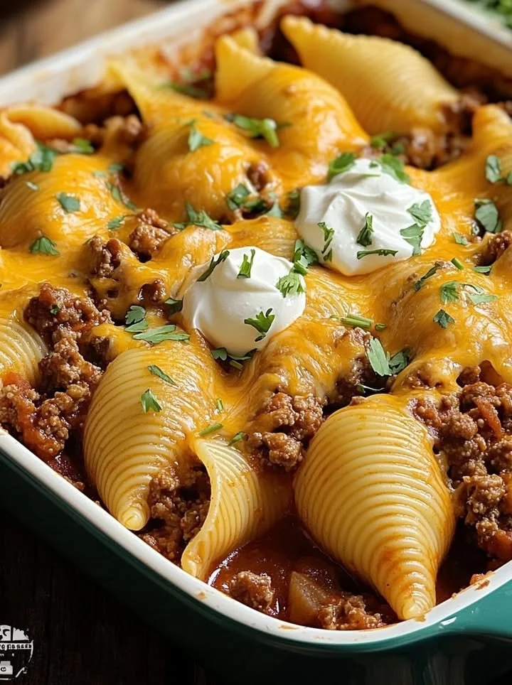 Baked Taco Stuffed Shells topped with cheese and fresh herbs on a plate