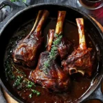 Delicious tender braised lamb shanks served with herbs and vegetables