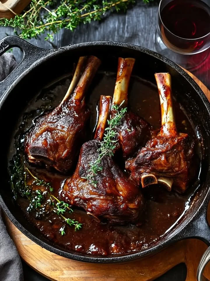 Delicious tender braised lamb shanks served with herbs and vegetables